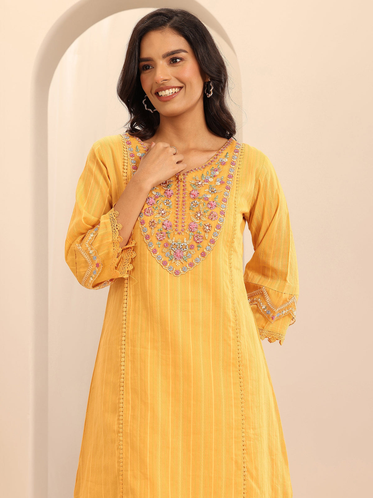 Libas Mustard Embroidered Cotton Blend A-line Suit Set With Dupatta