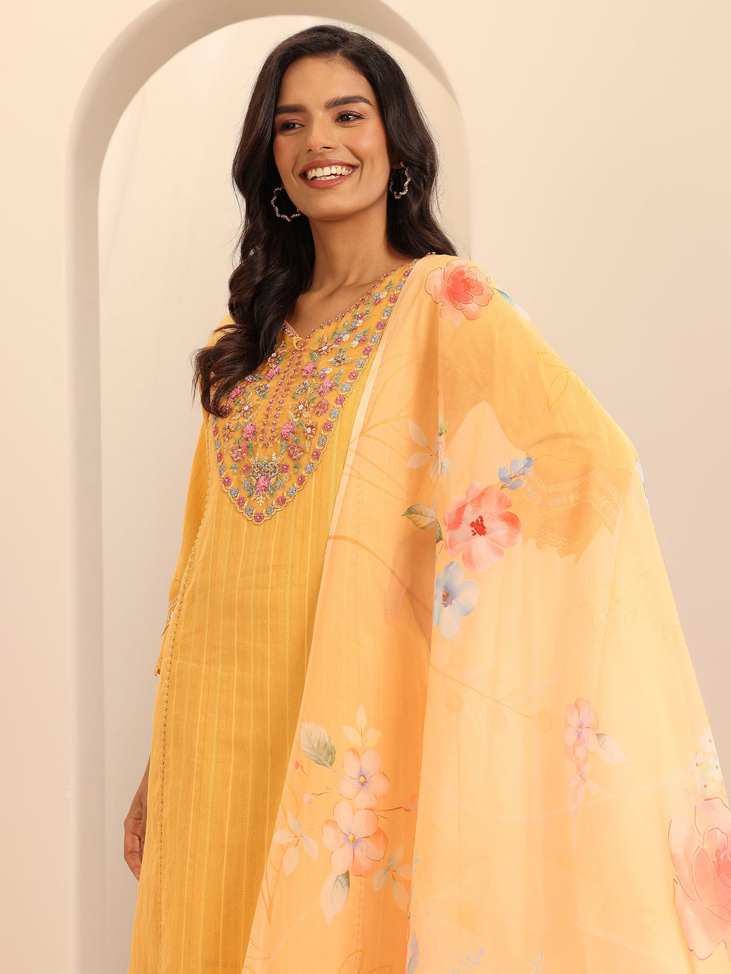 Libas Mustard Embroidered Cotton Blend A-line Suit Set With Dupatta