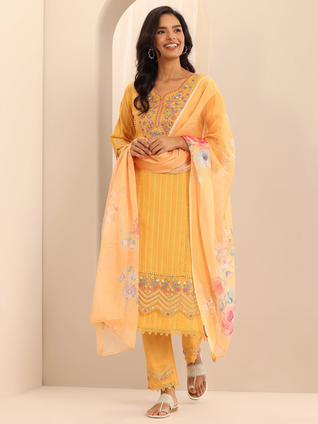 Libas Mustard Embroidered Cotton Blend A-line Suit Set With Dupatta