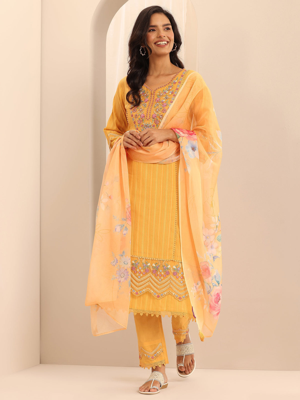 Libas Mustard Embroidered Cotton Blend A-line Suit Set With Dupatta