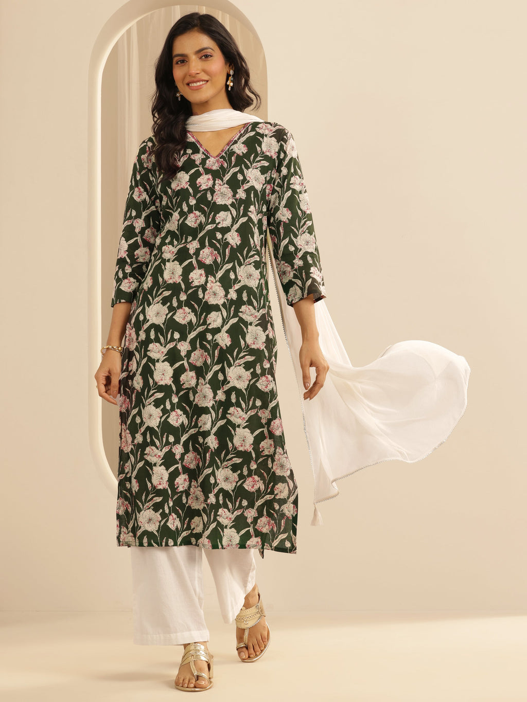 Libas Green Printed Cotton Straight Suit Set With Dupatta