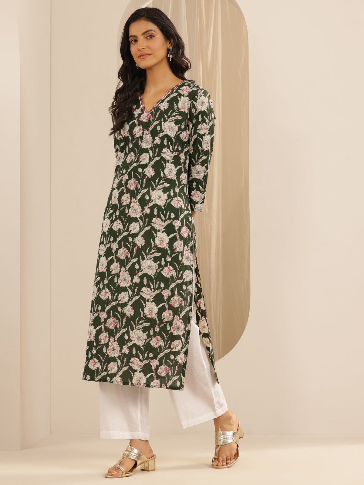 Libas Green Printed Cotton Straight Suit Set With Dupatta