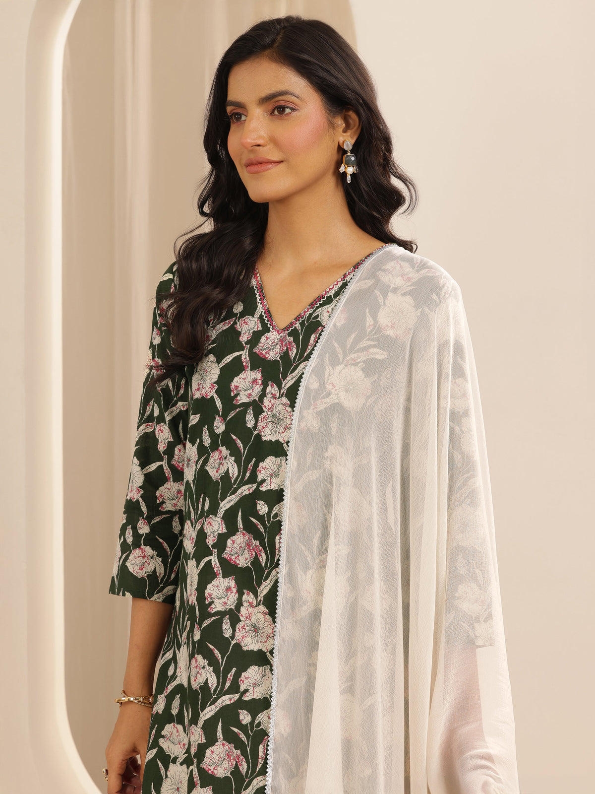 Libas Green Printed Cotton Straight Suit Set With Dupatta