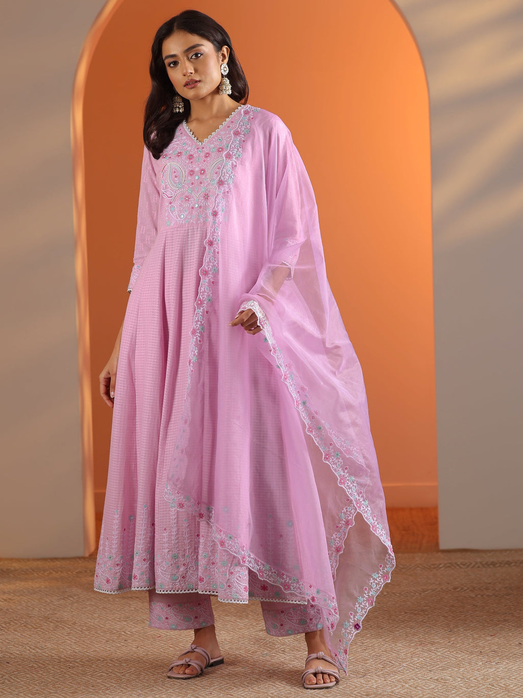 Libas Lavender Embroidered Cotton Anarkali Suit Set With Dupatta