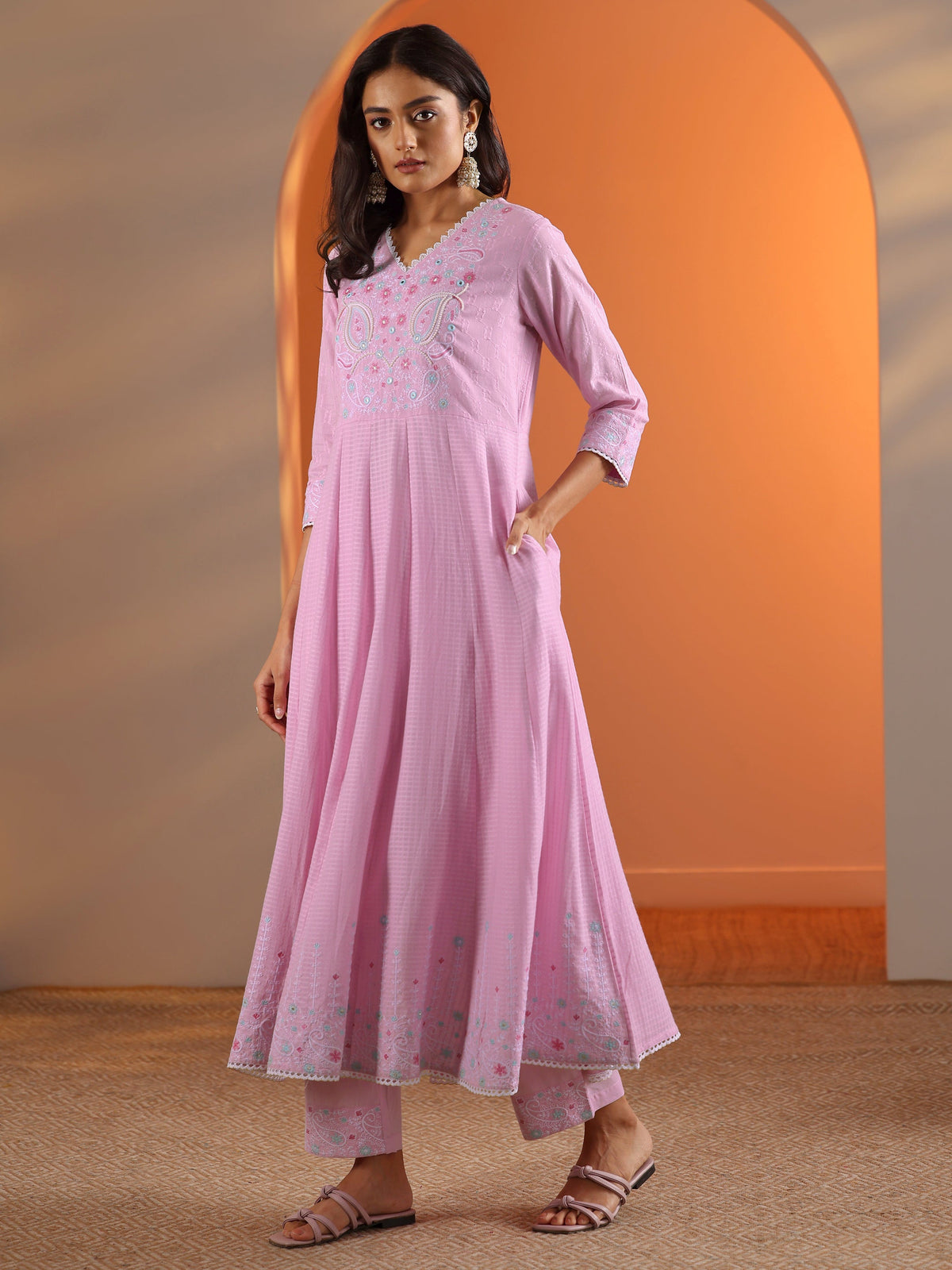 Libas Lavender Embroidered Cotton Anarkali Suit Set With Dupatta