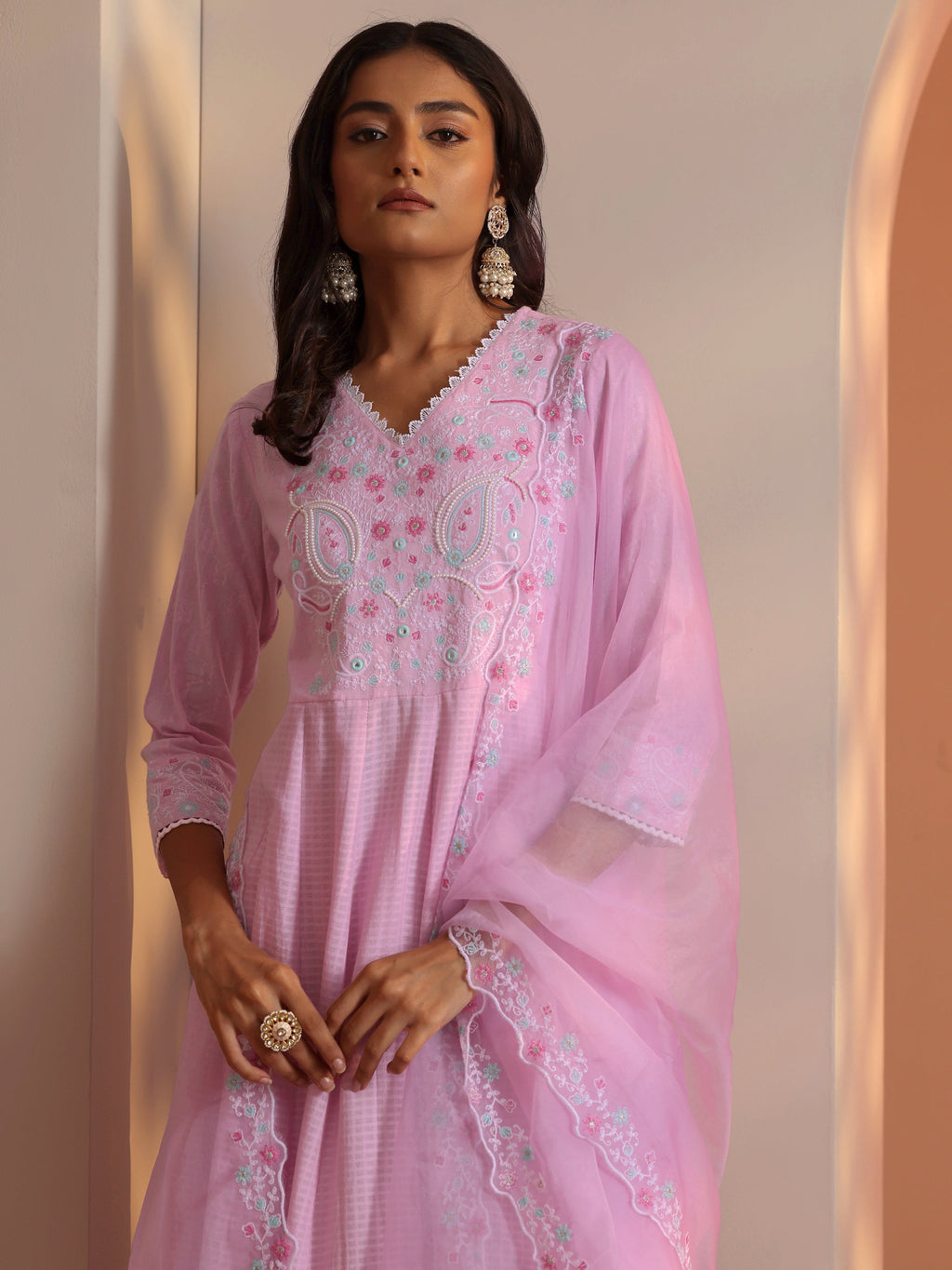 Libas Lavender Embroidered Cotton Anarkali Suit Set With Dupatta