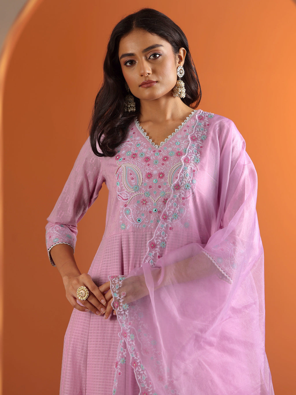 Libas Lavender Embroidered Cotton Anarkali Suit Set With Dupatta