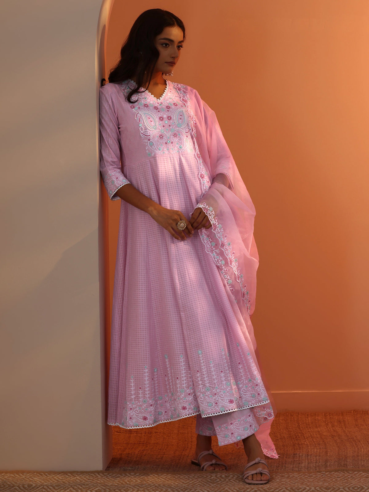 Libas Lavender Embroidered Cotton Anarkali Suit Set With Dupatta