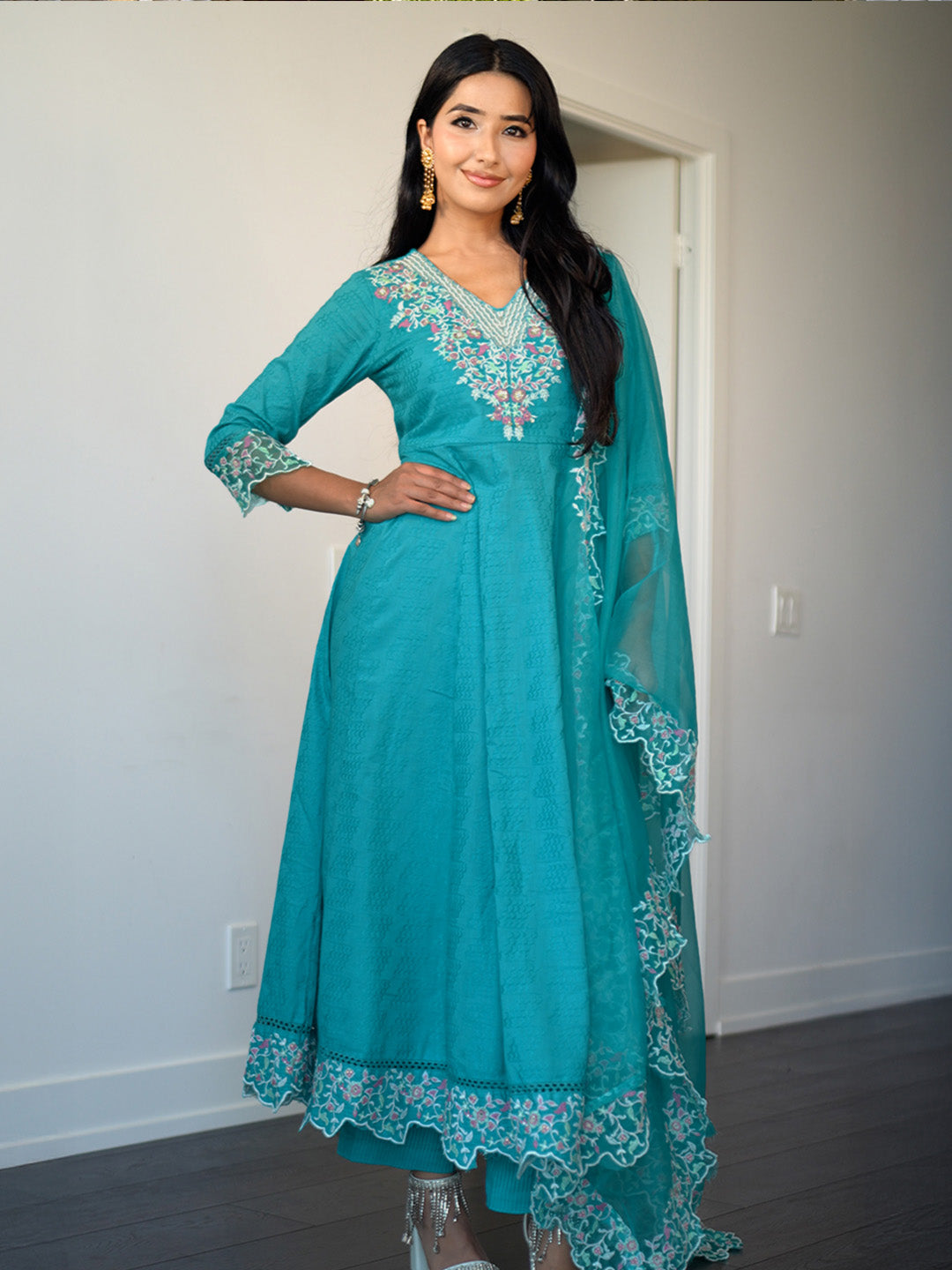 Libas Blue Embroidered Cotton Anarkali Suit Set With Dupatta
