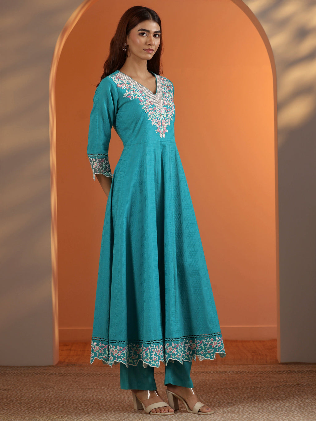 Libas Blue Embroidered Cotton Anarkali Suit Set With Dupatta