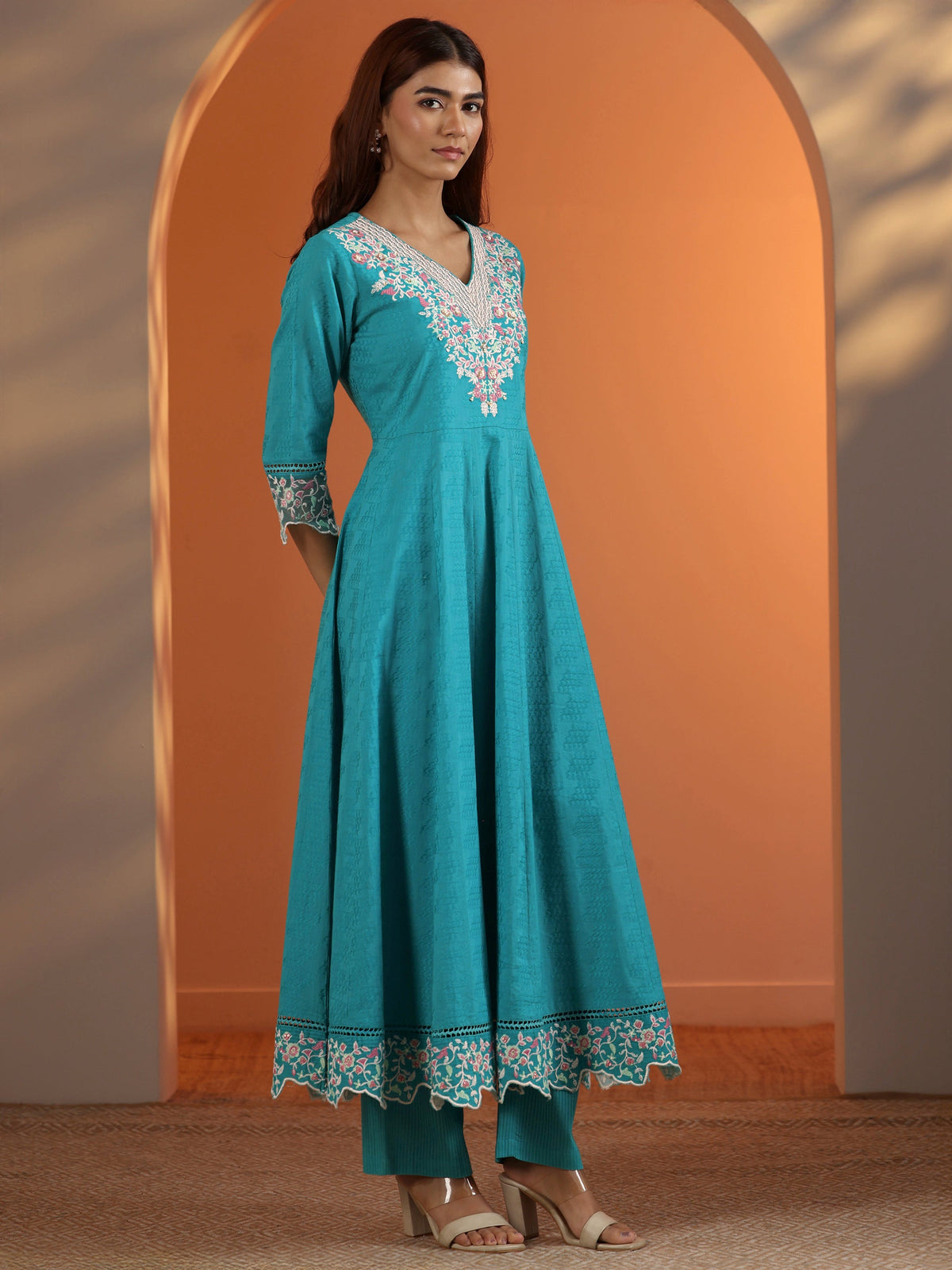 Libas Blue Embroidered Cotton Anarkali Suit Set With Dupatta