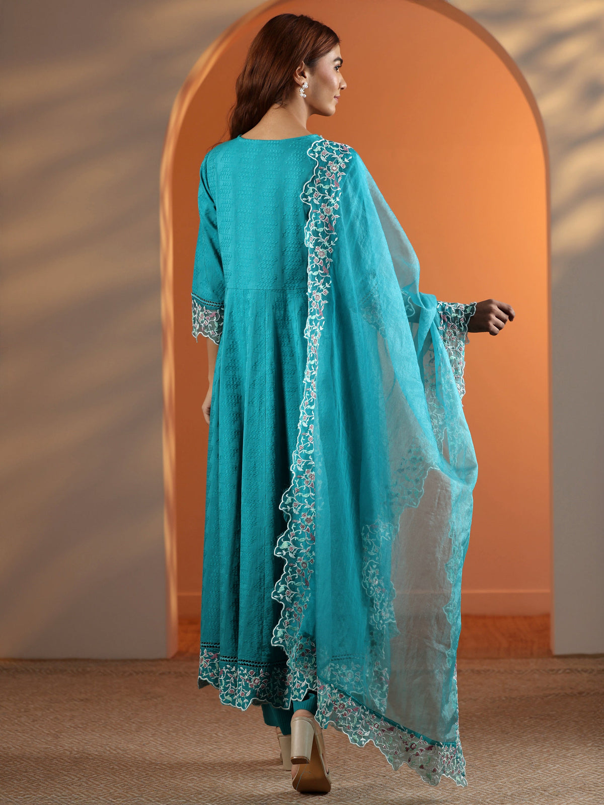 Libas Blue Embroidered Cotton Anarkali Suit Set With Dupatta