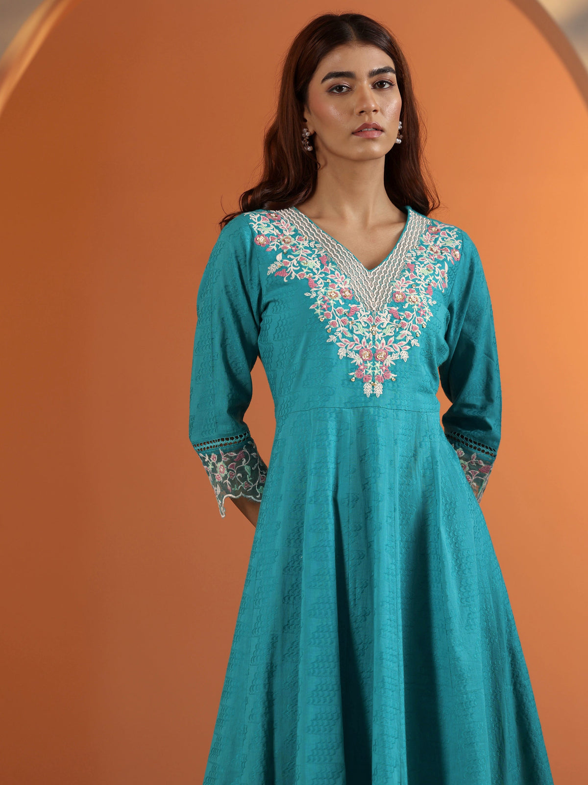 Libas Blue Embroidered Cotton Anarkali Suit Set With Dupatta