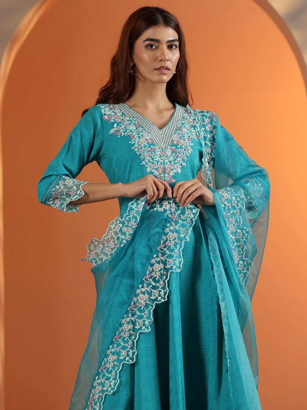 Libas Blue Embroidered Cotton Anarkali Suit Set With Dupatta