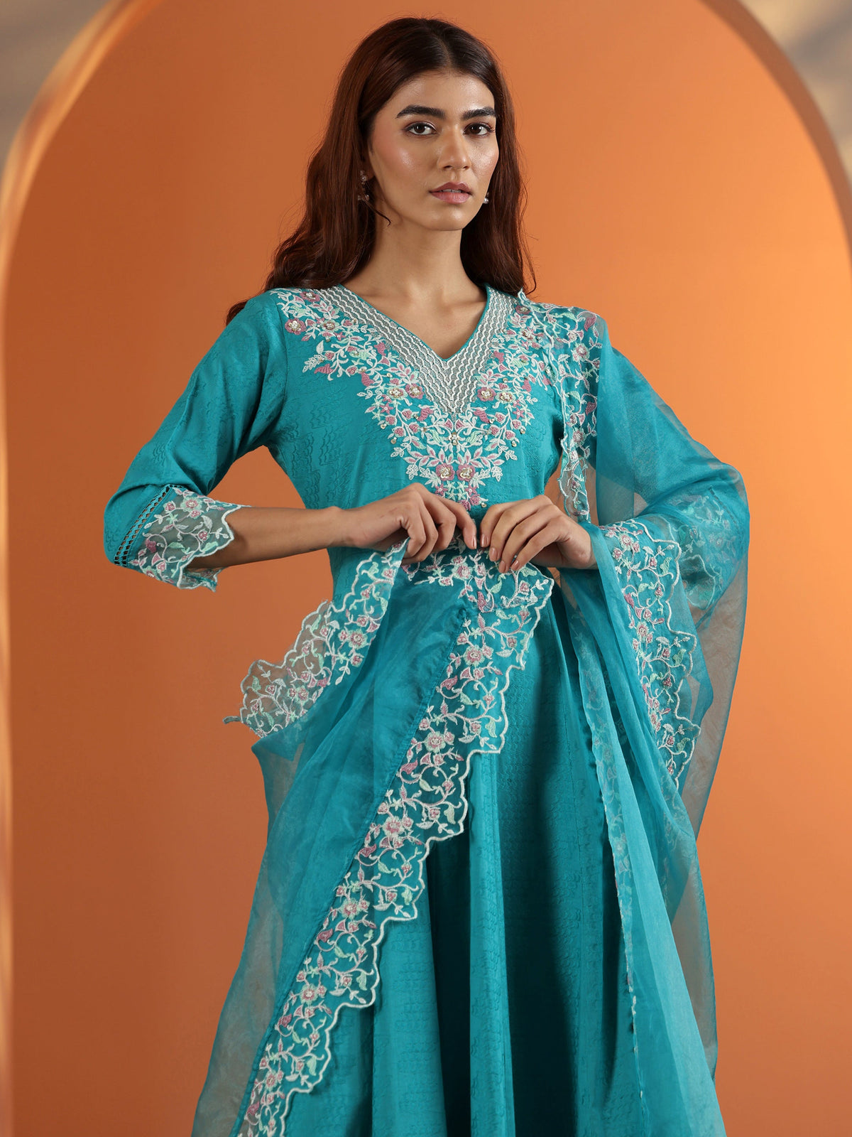 Libas Blue Embroidered Cotton Anarkali Suit Set With Dupatta