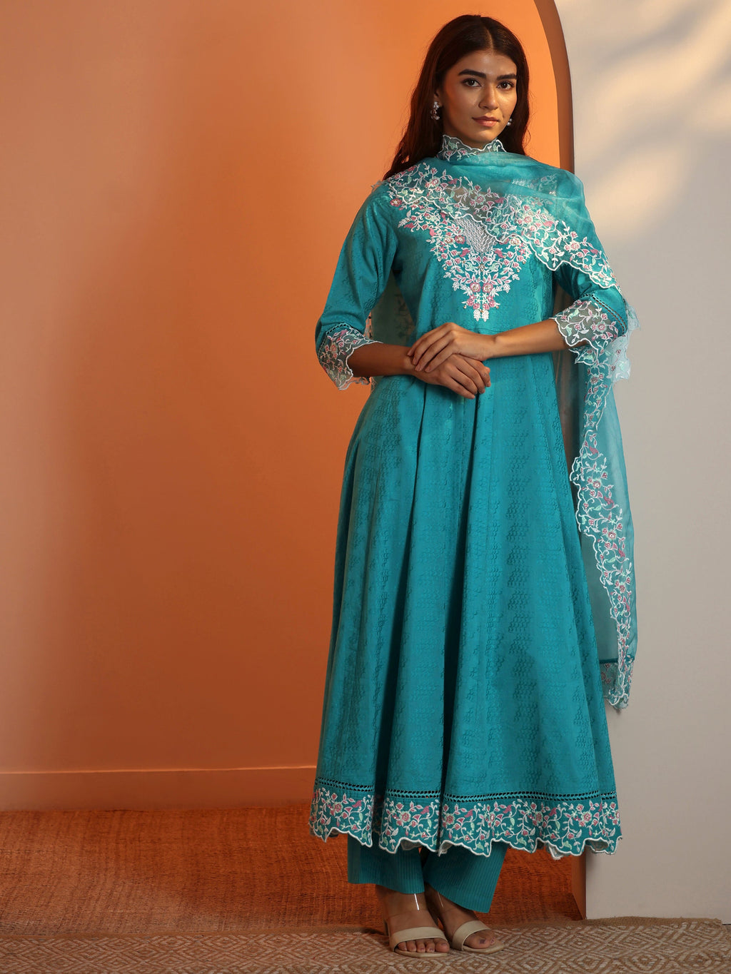 Libas Blue Embroidered Cotton Anarkali Suit Set With Dupatta