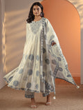 Libas Off White Embroidered Cotton Anarkali Suit Set With Dupatta