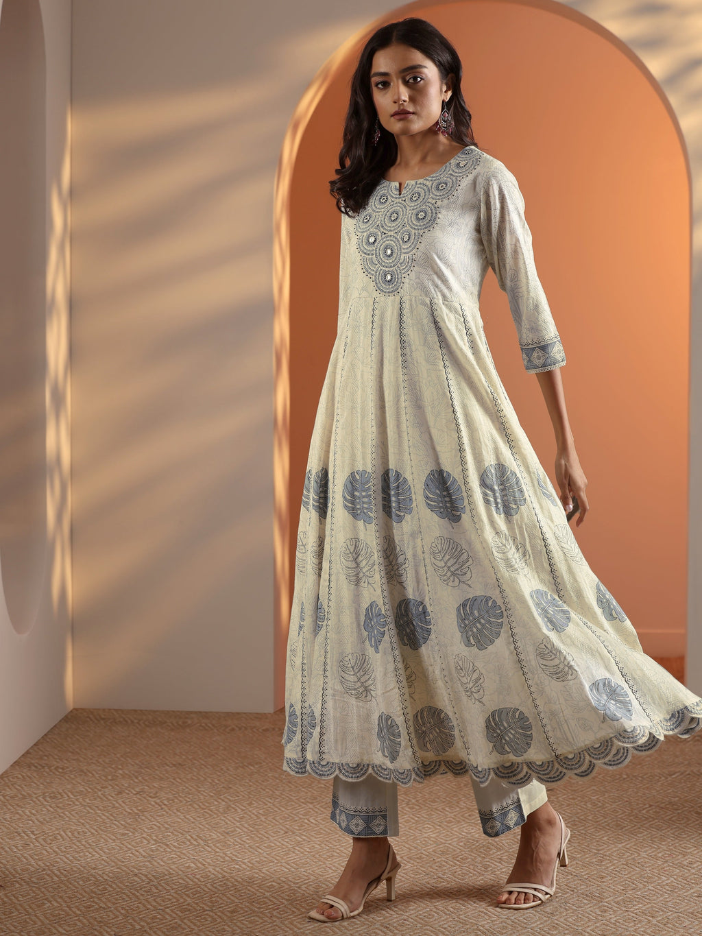 Libas Off White Embroidered Cotton Anarkali Suit Set With Dupatta
