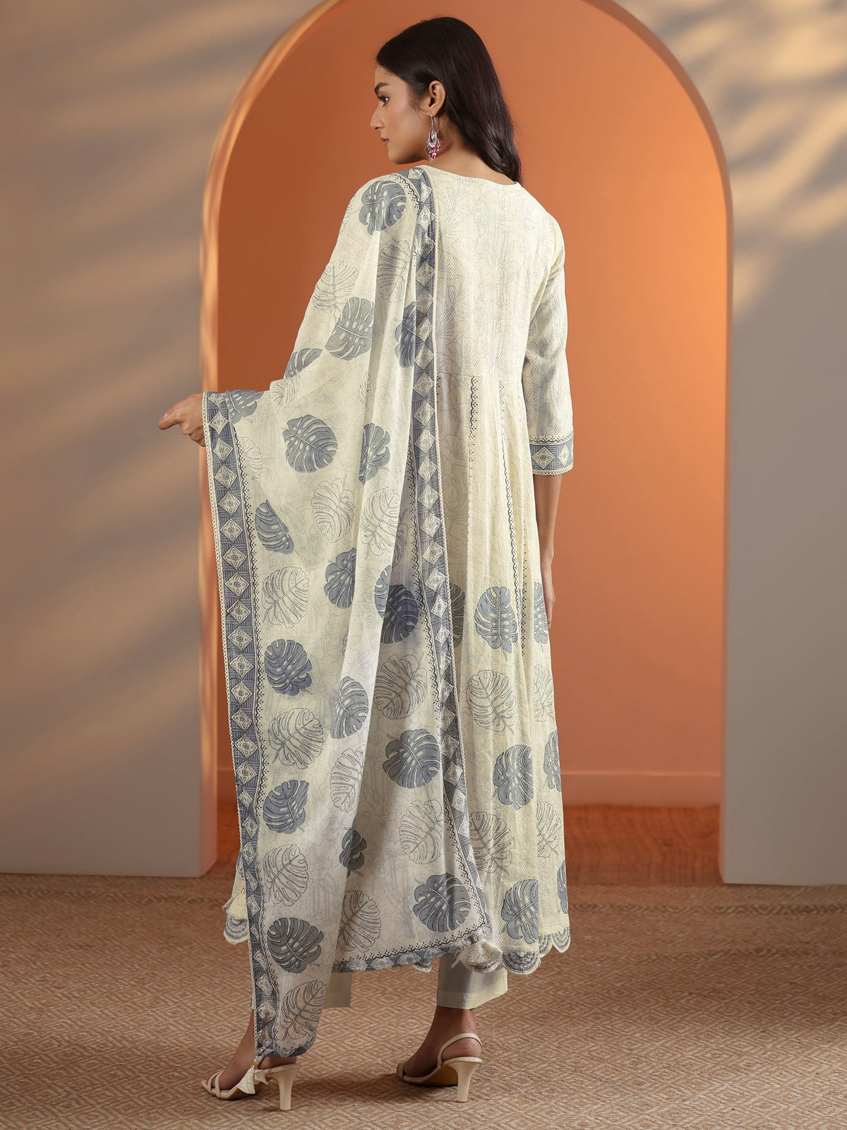 Libas Off White Embroidered Cotton Anarkali Suit Set With Dupatta