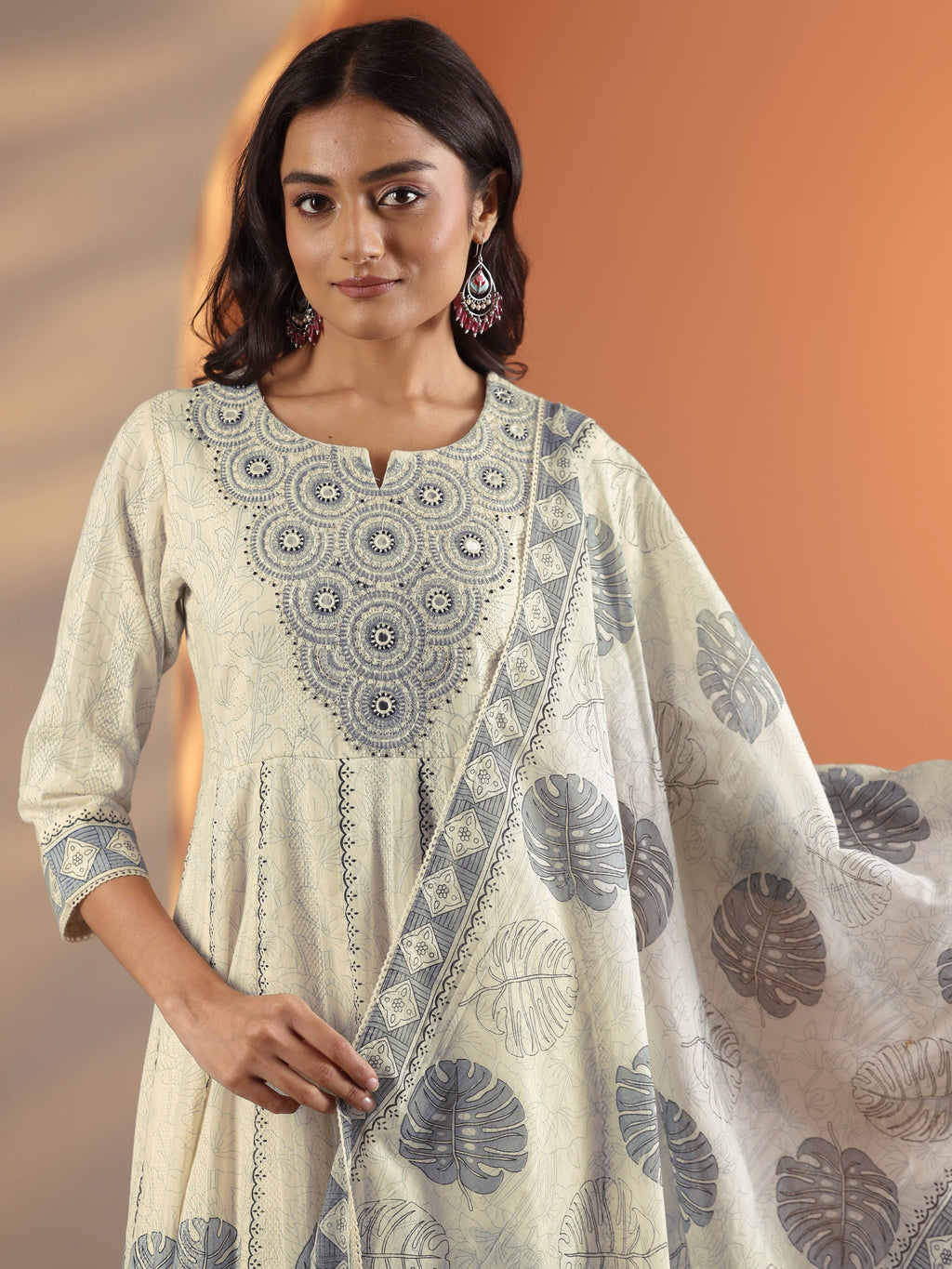 Libas Off White Embroidered Cotton Anarkali Suit Set With Dupatta
