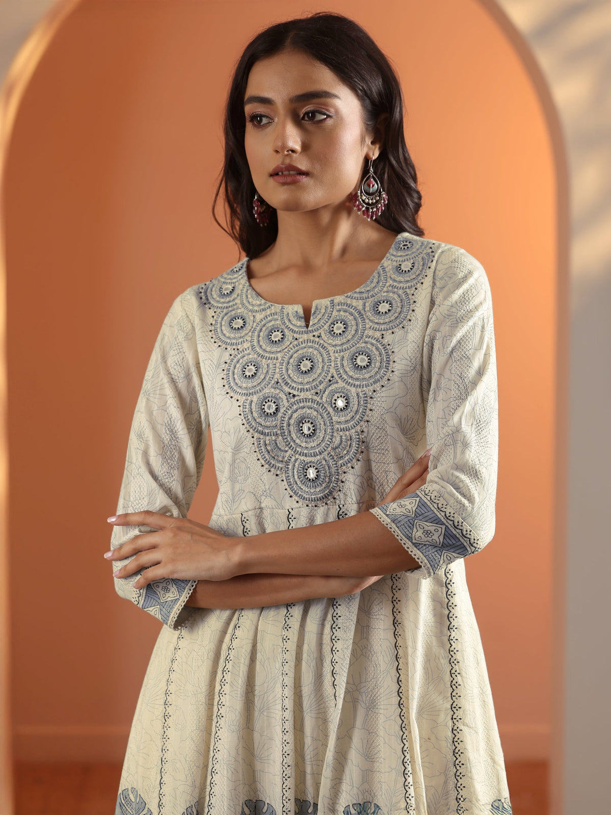 Libas Off White Embroidered Cotton Anarkali Suit Set With Dupatta