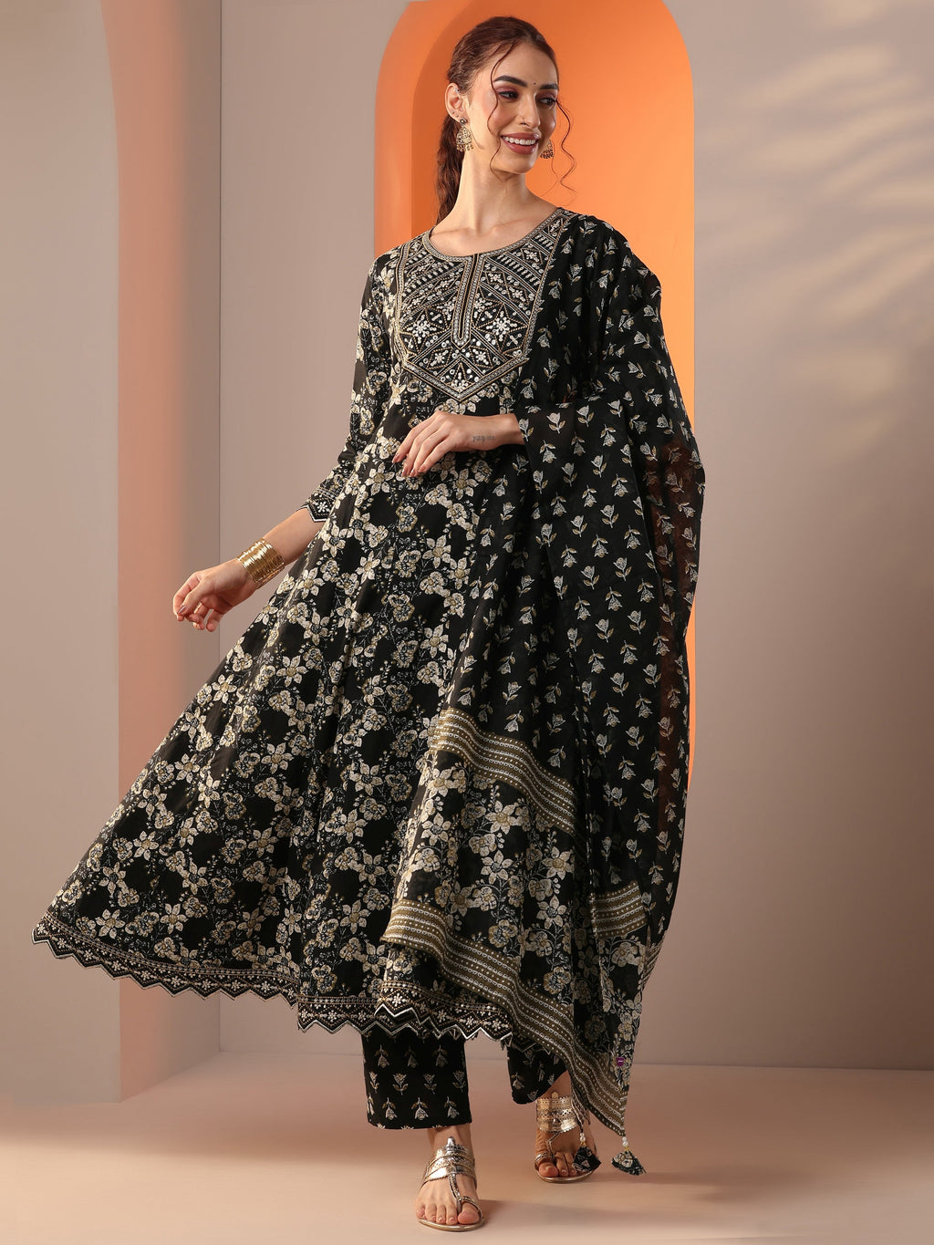 Libas Black Printed Cotton Anarkali Suit Set With Dupatta