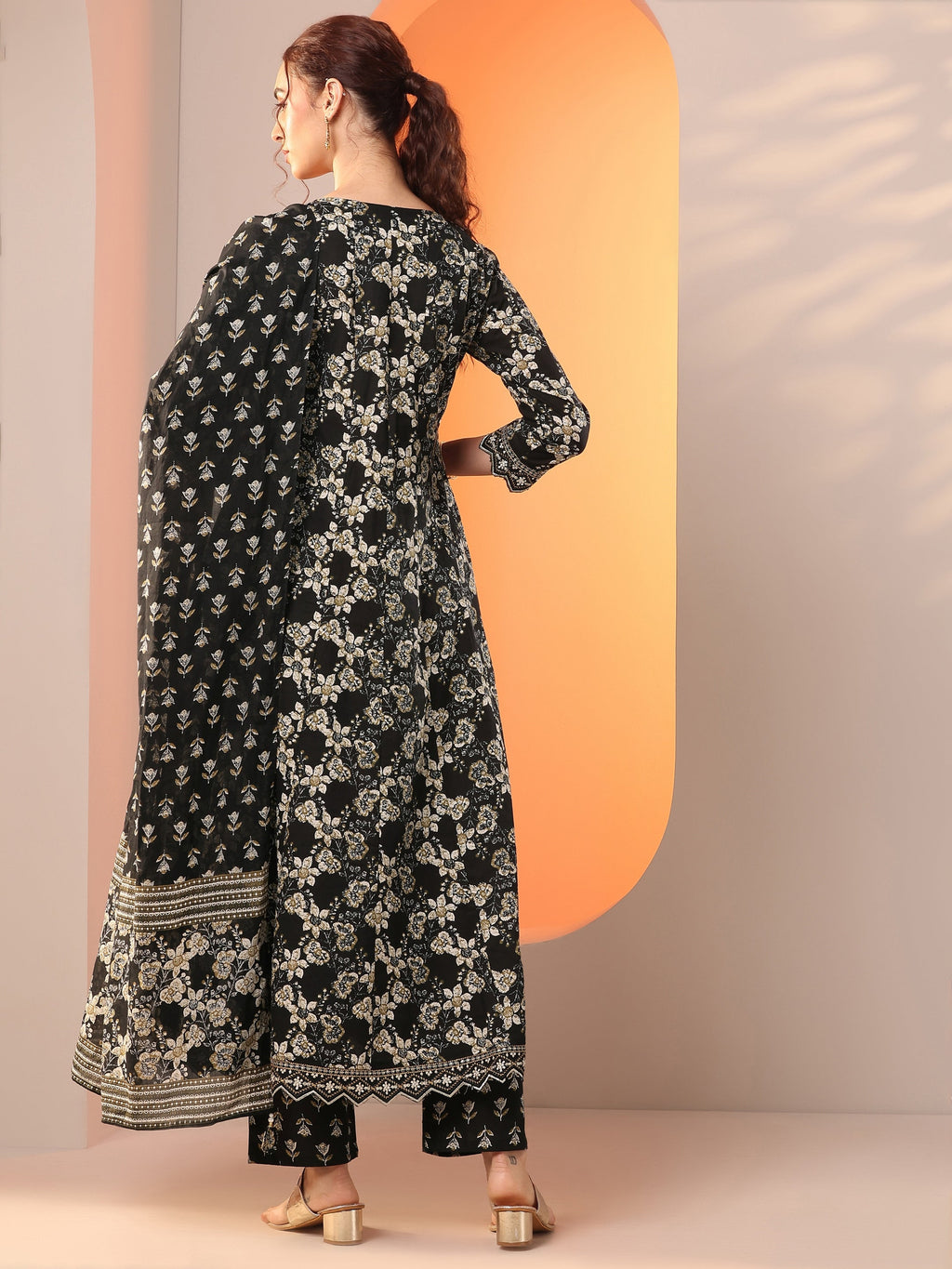 Libas Black Printed Cotton Anarkali Suit Set With Dupatta