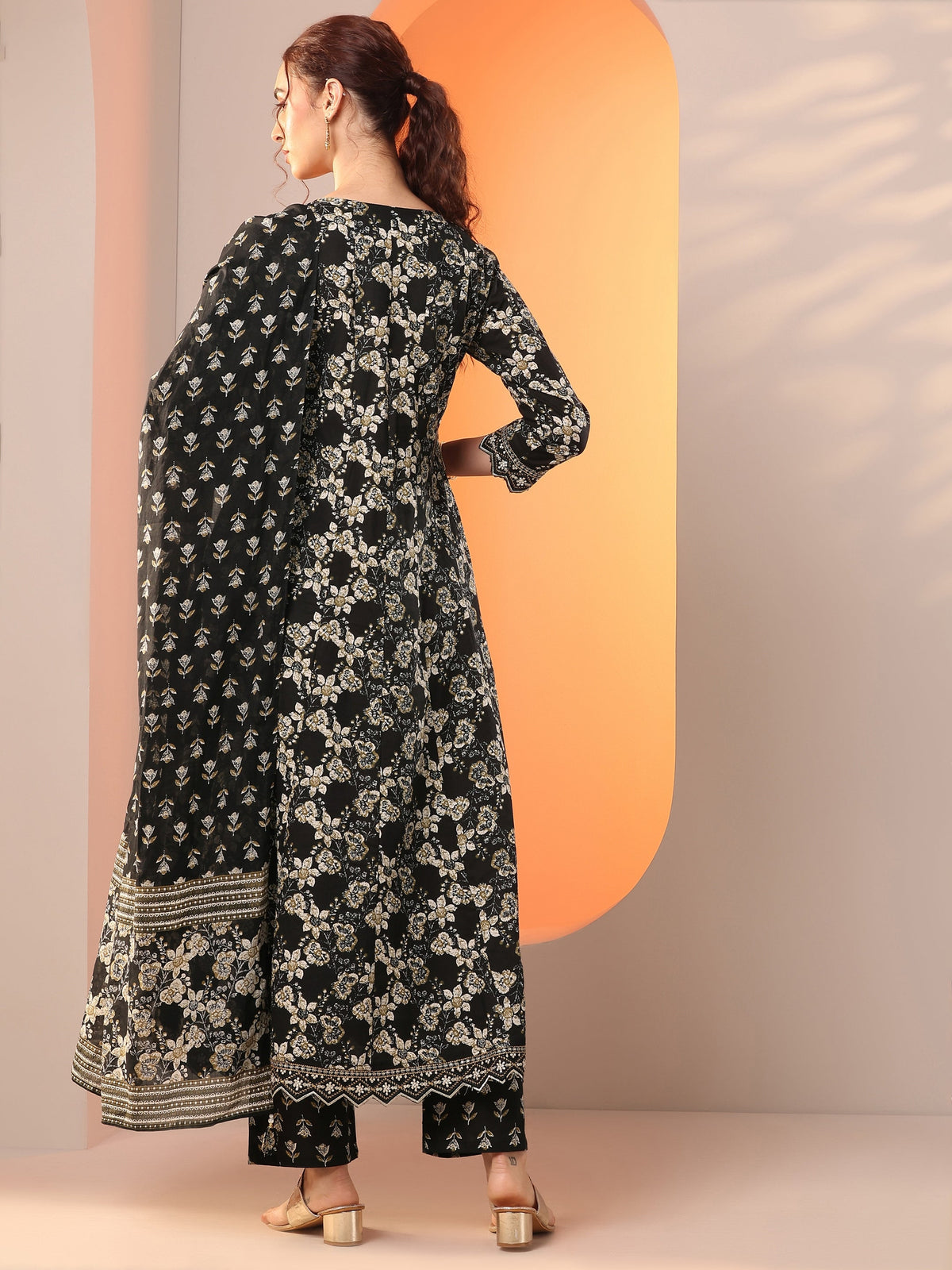 Libas Black Printed Cotton Anarkali Suit Set With Dupatta
