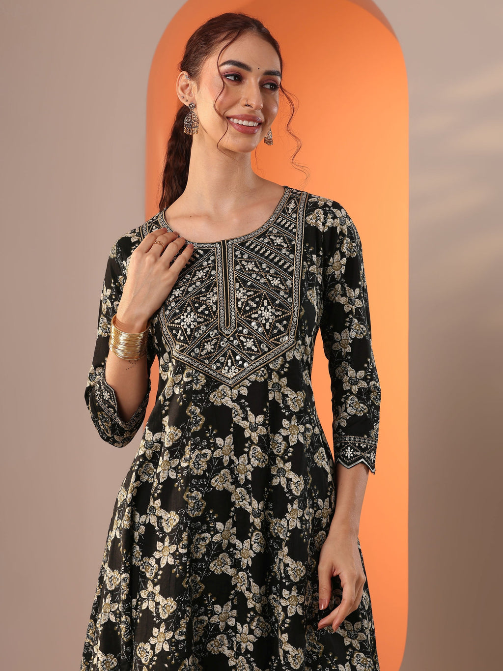 Libas Black Printed Cotton Anarkali Suit Set With Dupatta