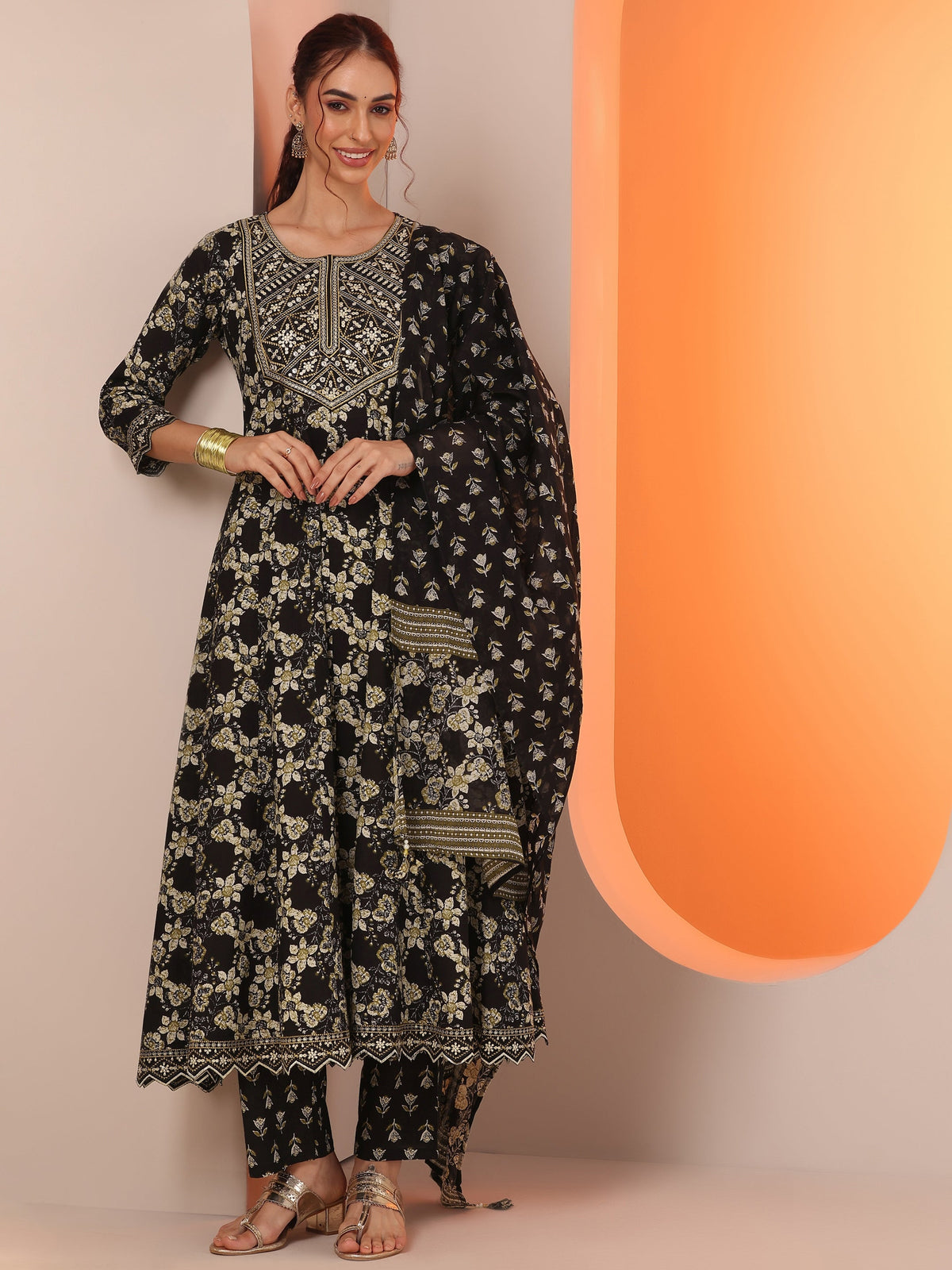 Libas Black Printed Cotton Anarkali Suit Set With Dupatta
