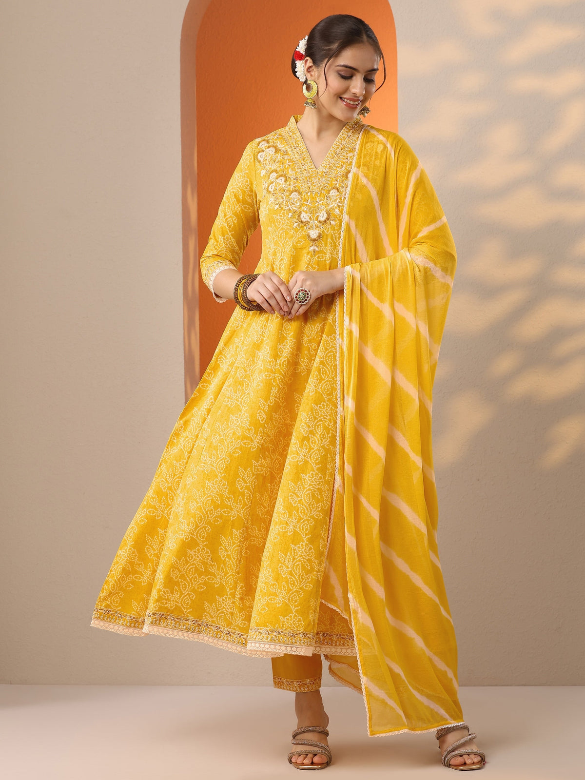 Libas Yellow Embroidered Cotton Anarkali Suit Set With Dupatta