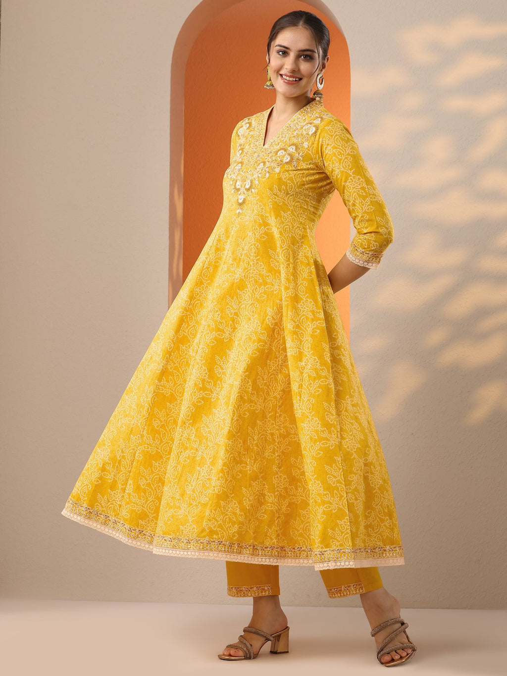 Libas Yellow Embroidered Cotton Anarkali Suit Set With Dupatta