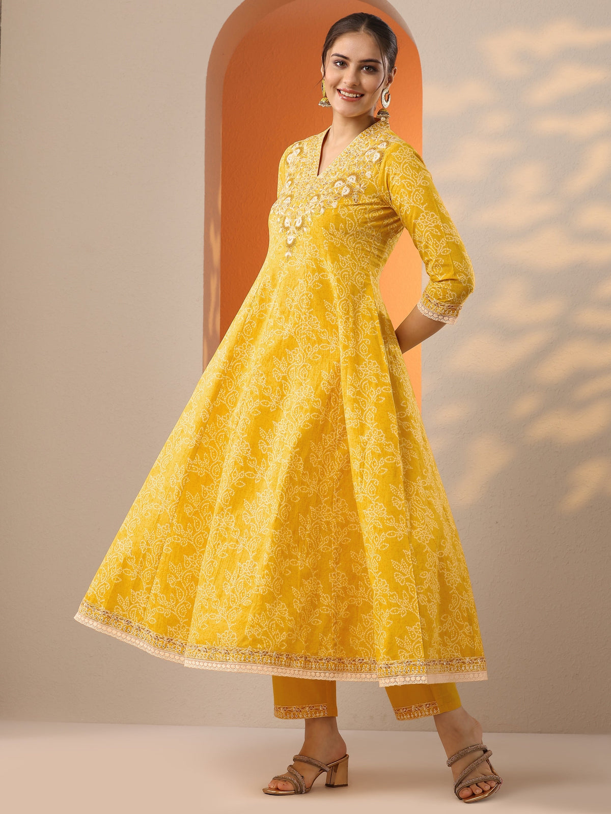 Libas Yellow Embroidered Cotton Anarkali Suit Set With Dupatta