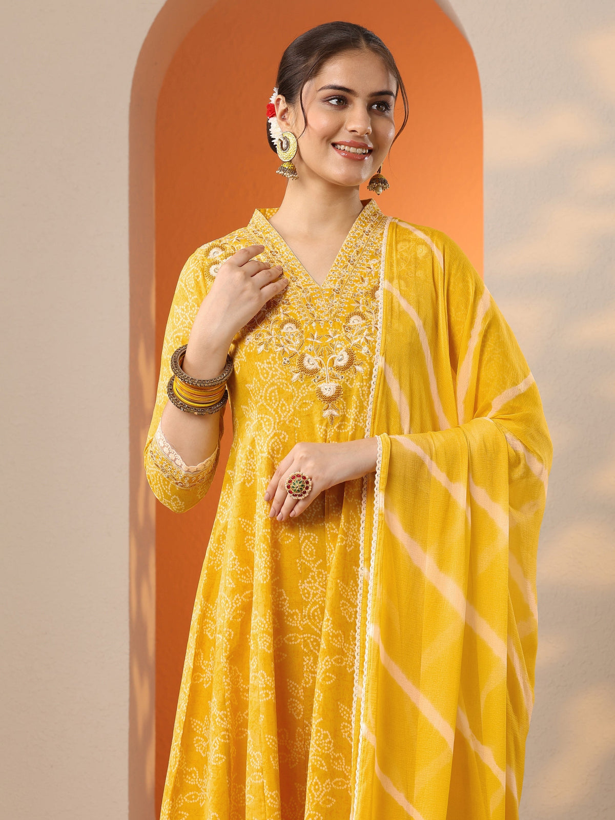 Libas Yellow Embroidered Cotton Anarkali Suit Set With Dupatta