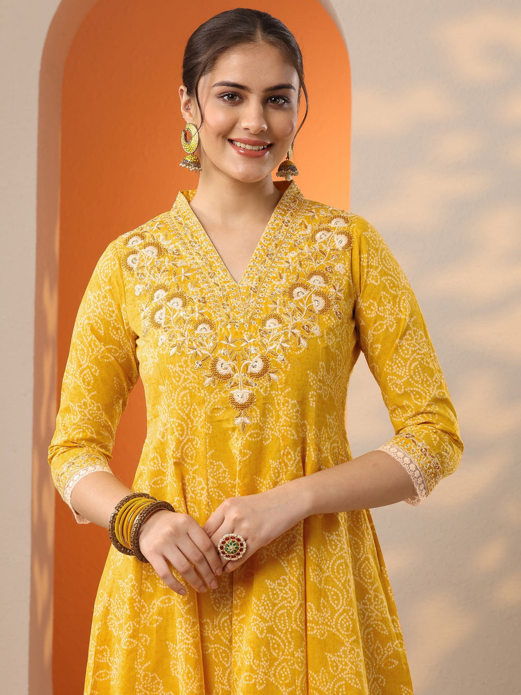 Libas Yellow Embroidered Cotton Anarkali Suit Set With Dupatta