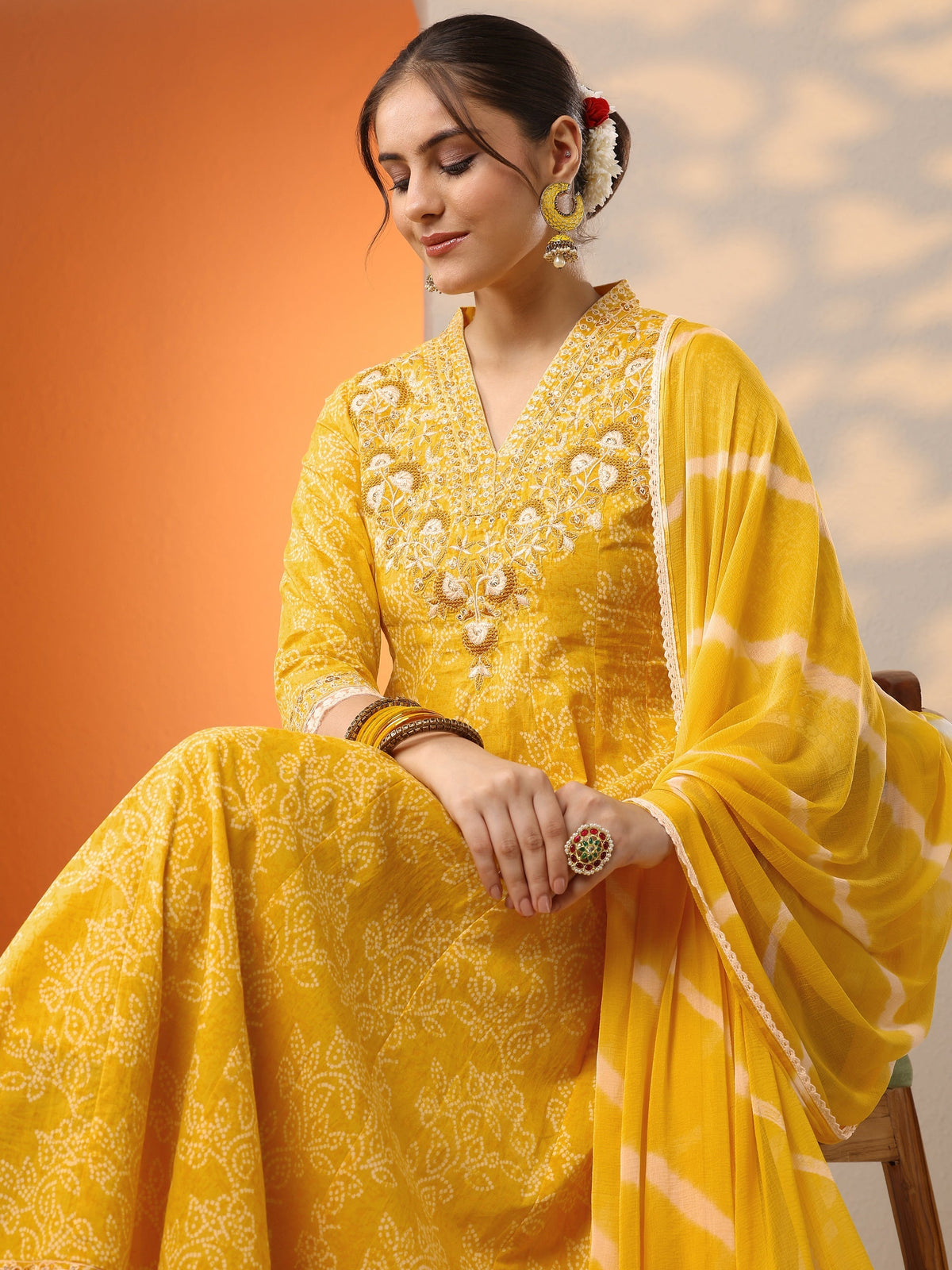 Libas Yellow Embroidered Cotton Anarkali Suit Set With Dupatta