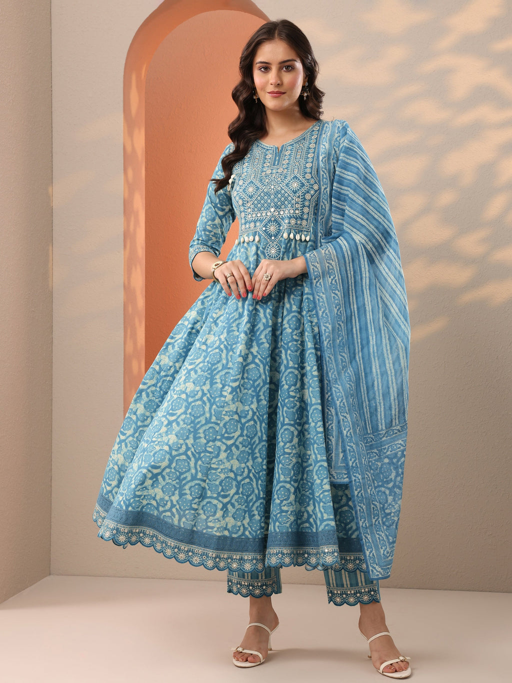 Libas Blue Printed Cotton Anarkali Suit Set With Dupatta