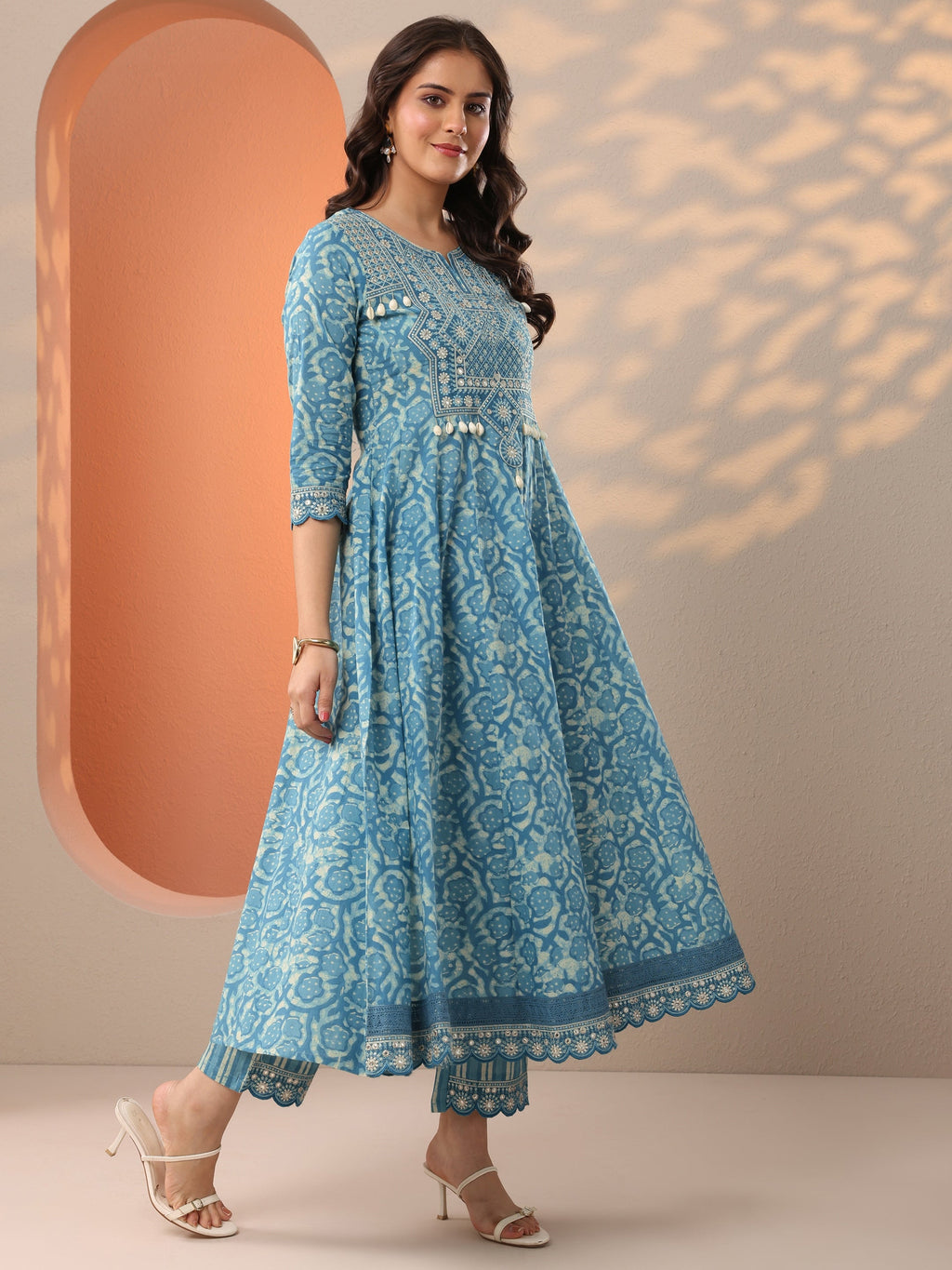 Libas Blue Printed Cotton Anarkali Suit Set With Dupatta