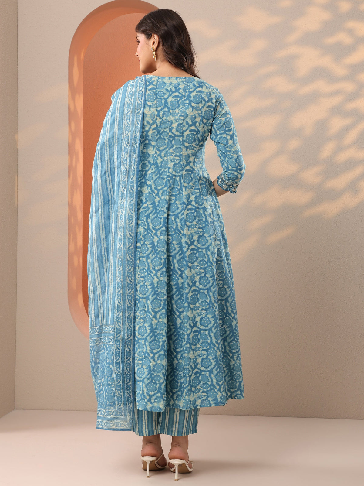 Libas Blue Printed Cotton Anarkali Suit Set With Dupatta