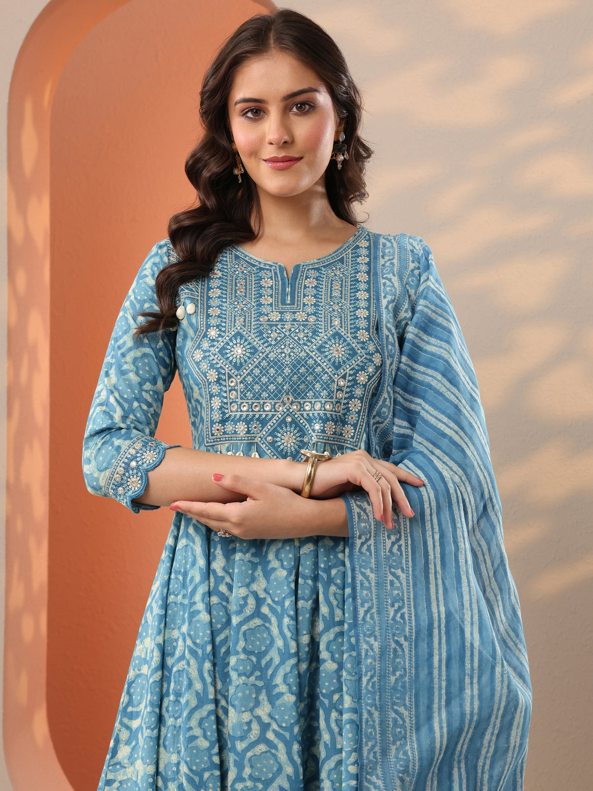 Libas Blue Printed Cotton Anarkali Suit Set With Dupatta