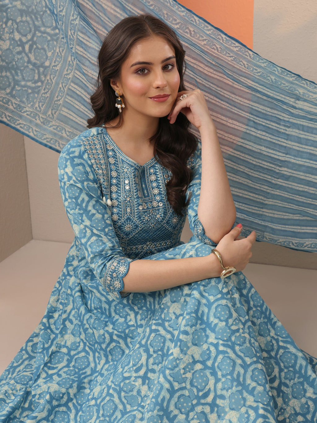 Libas Blue Printed Cotton Anarkali Suit Set With Dupatta