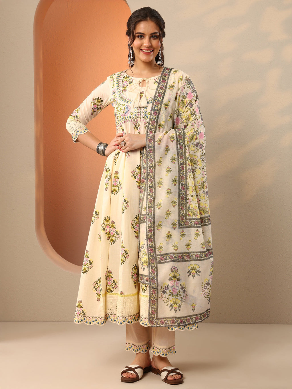 Libas Off White Printed Cotton Anarkali Suit Set With Dupatta