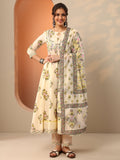 Libas Off White Printed Cotton Anarkali Suit Set With Dupatta