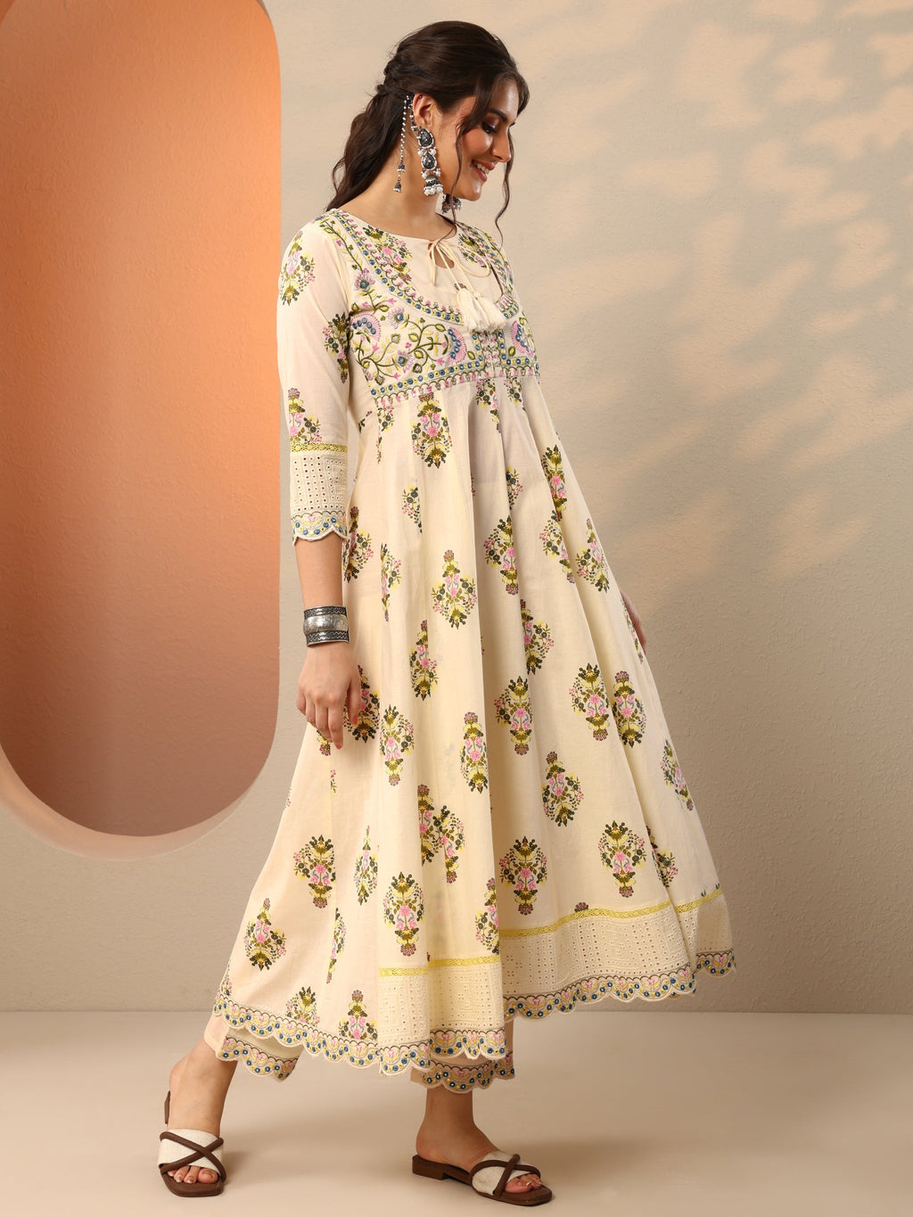 Libas Off White Printed Cotton Anarkali Suit Set With Dupatta