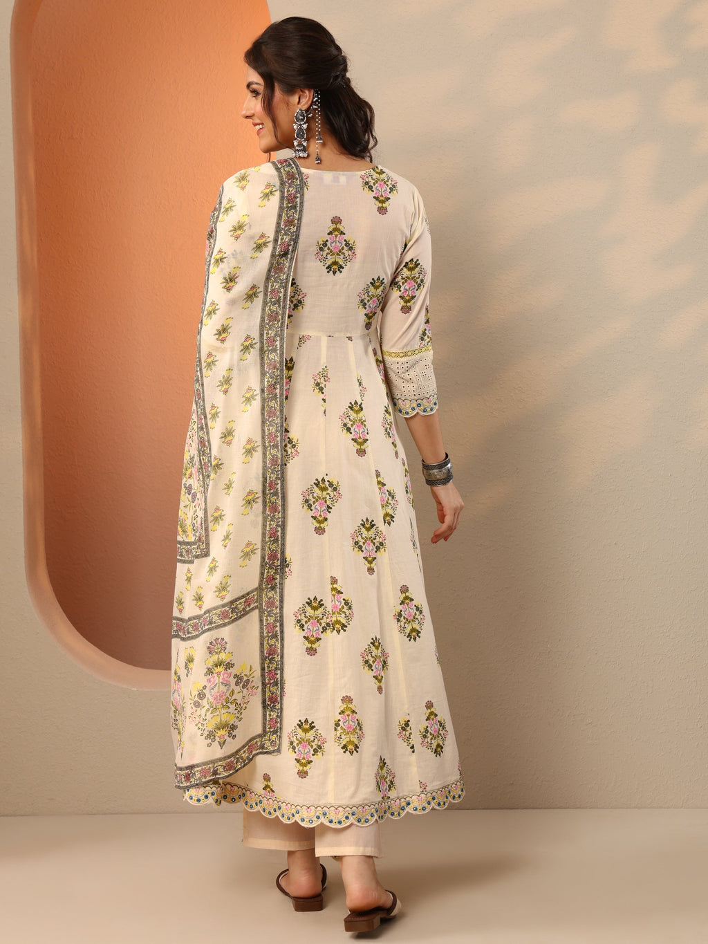 Libas Off White Printed Cotton Anarkali Suit Set With Dupatta