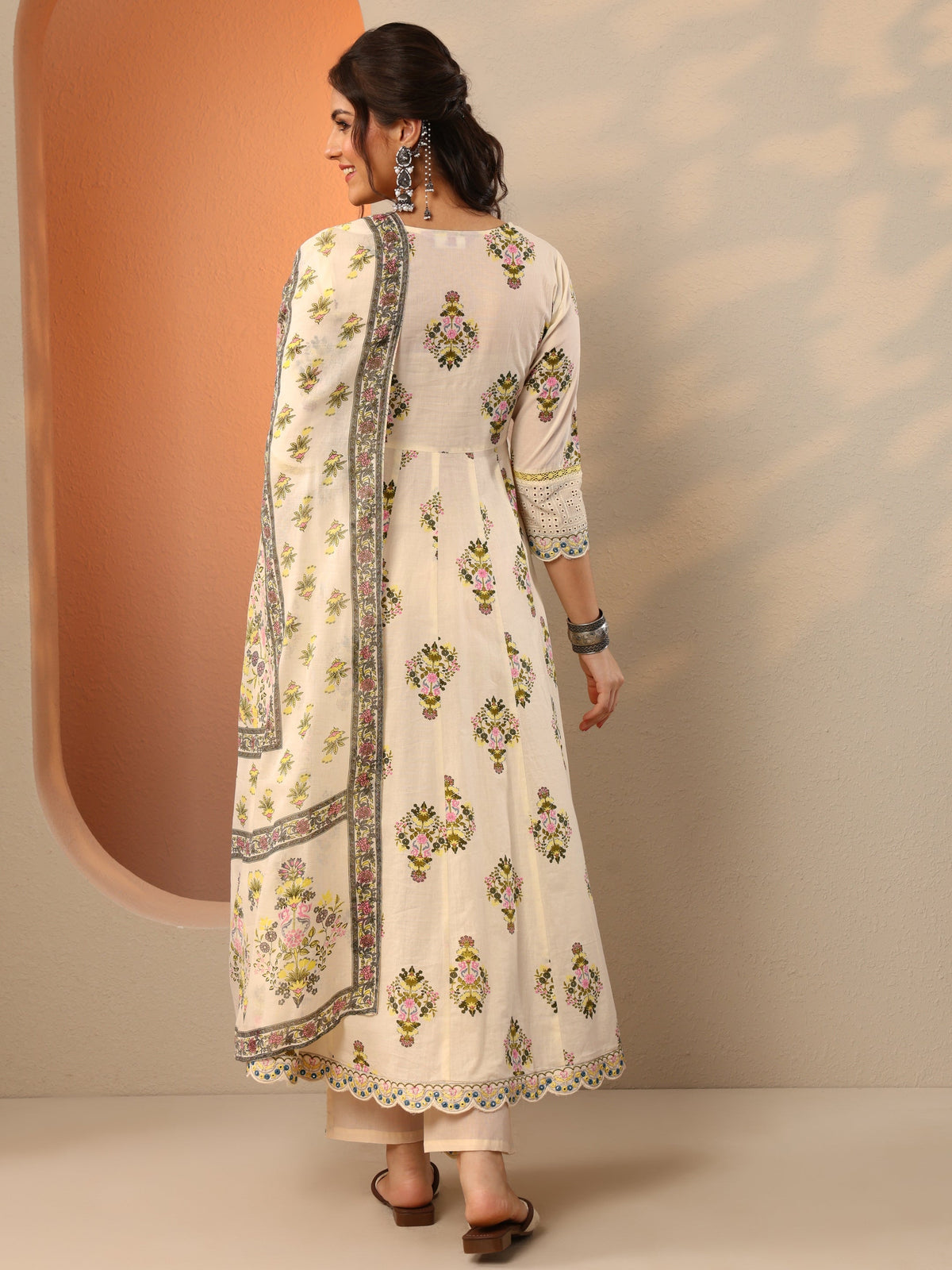 Libas Off White Printed Cotton Anarkali Suit Set With Dupatta