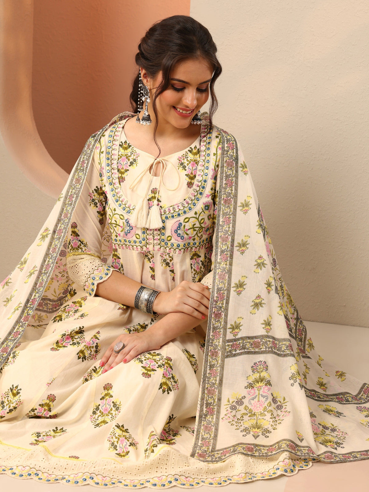 Libas Off White Printed Cotton Anarkali Suit Set With Dupatta