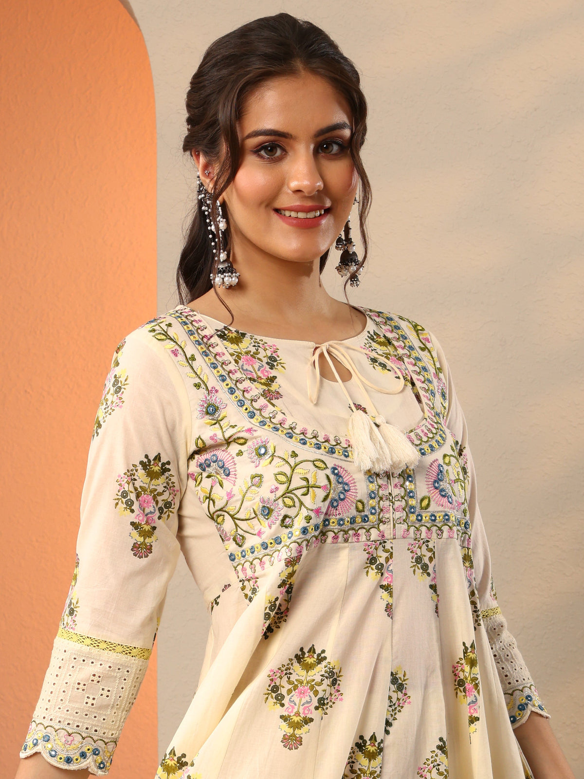 Libas Off White Printed Cotton Anarkali Suit Set With Dupatta