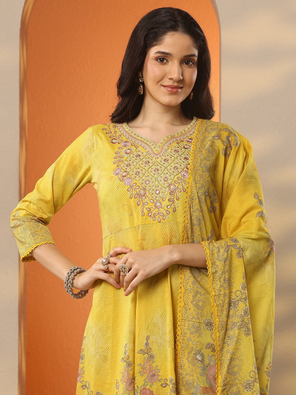 Libas Mustard Printed Cotton Anarkali Suit Set With Dupatta