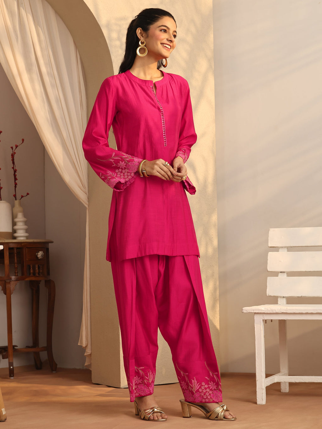 Libas Pink Embroidered Silk Blend Co-Ord Sets
